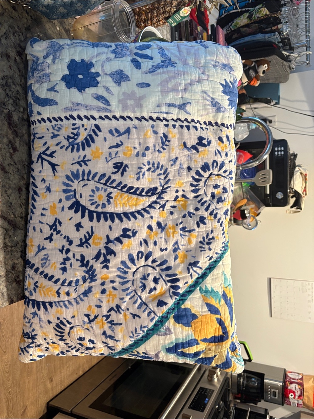 Anthropologie Blue and Yellow Floral Quilted Pillow Shams